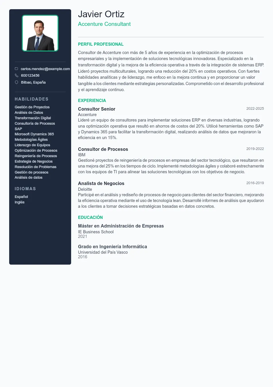 Ejemplo de CV de Accenture Consultant CV Example - Professional Resume Template
