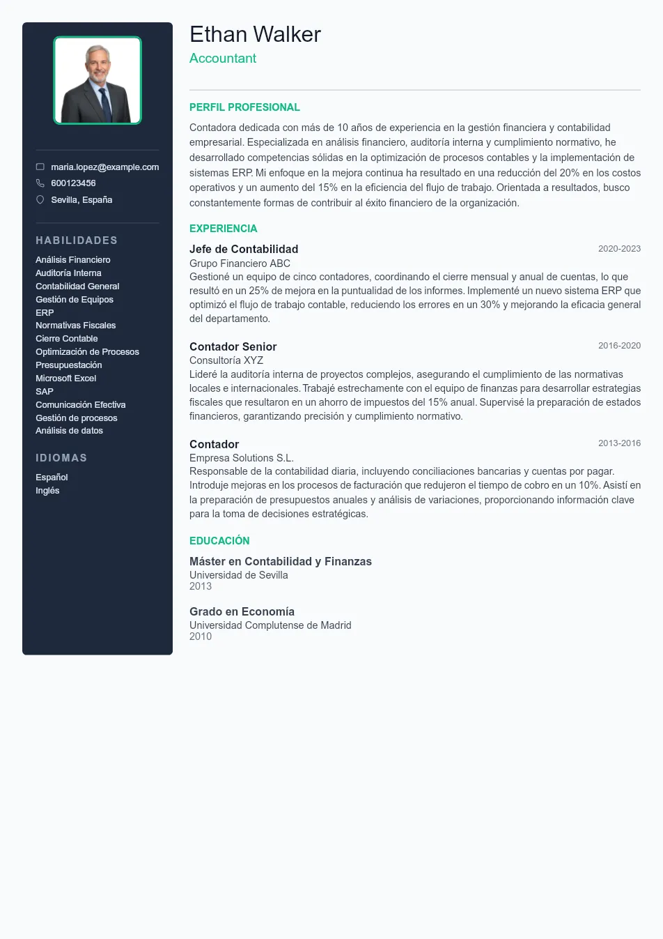 Ejemplo de CV de Contador/Contadora y guía CV Example - Professional Resume Template