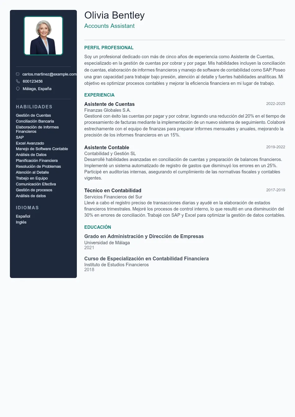 Ejemplo de CV de Asistente contable y guía CV Example - Professional Resume Template