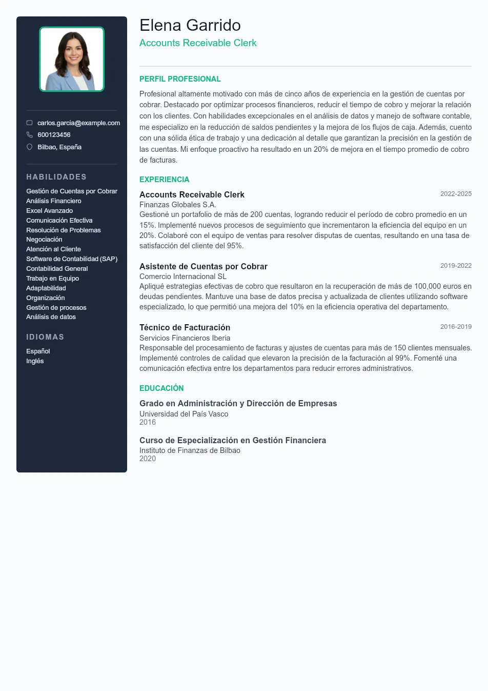 Ejemplo de CV de Auxiliar de cuentas por c CV Example - Professional Resume Template