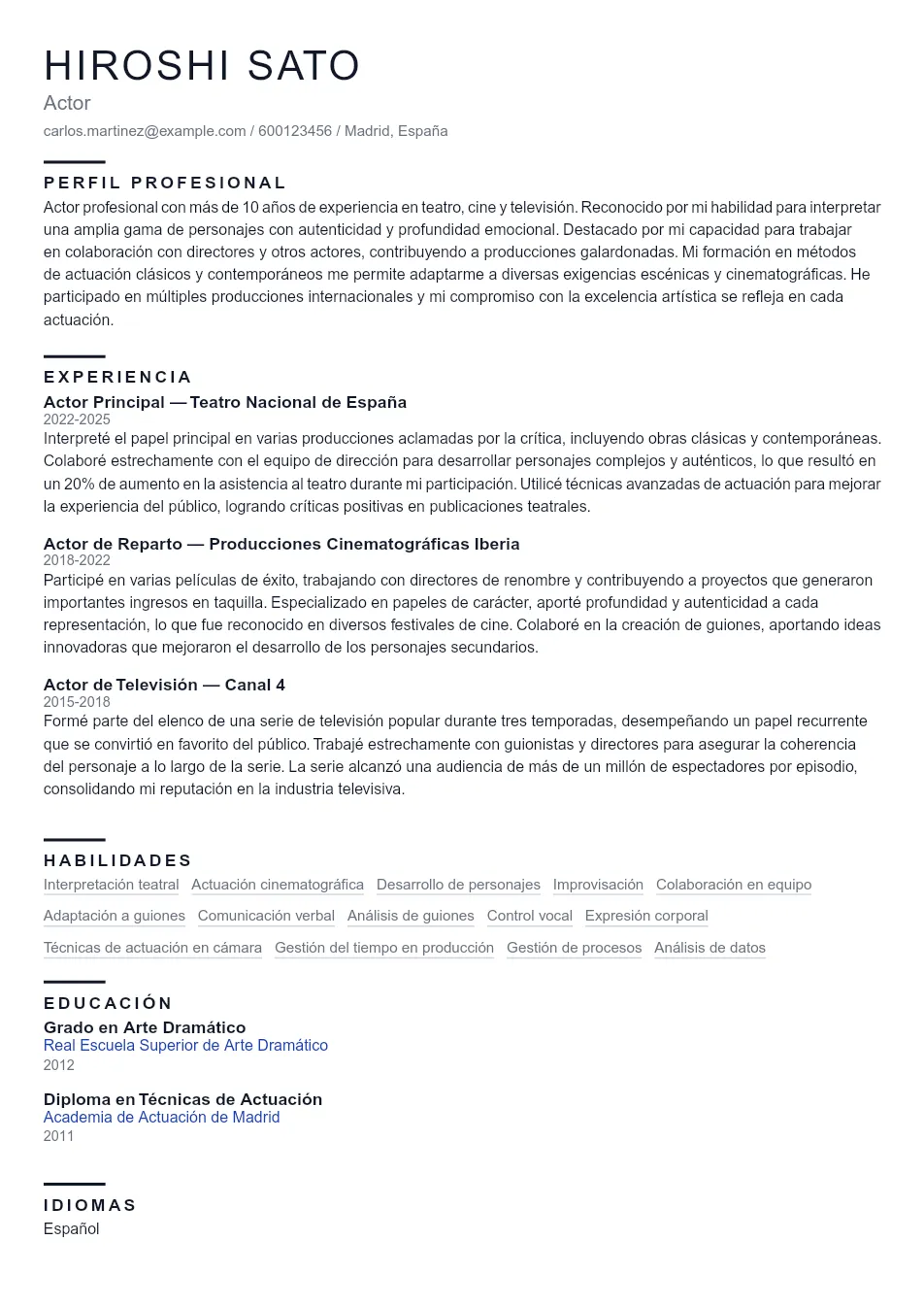 Ejemplo de CV de Actor CV Example - Professional Resume Template