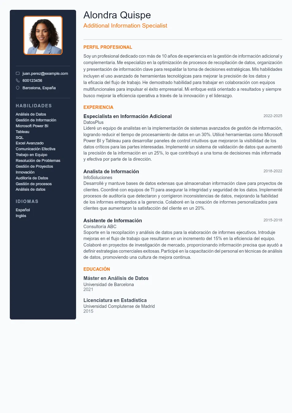Ejemplo de CV de Additional Information CV Example - Professional Resume Template