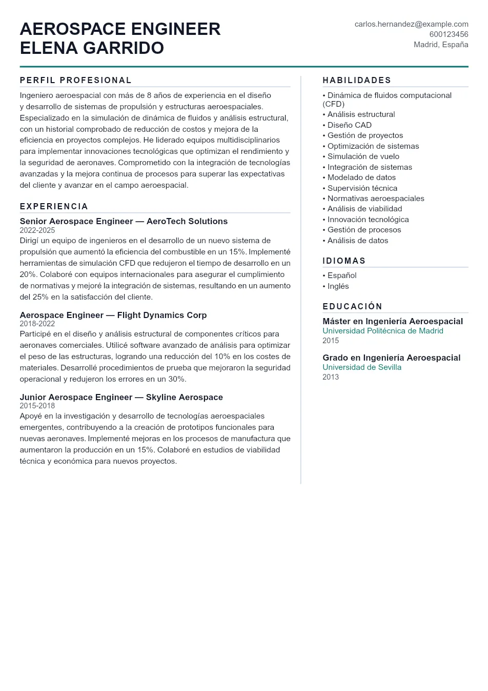 Ejemplo de CV para CV de Ingeniero Aeroespacial - Plantilla de currículum profesional