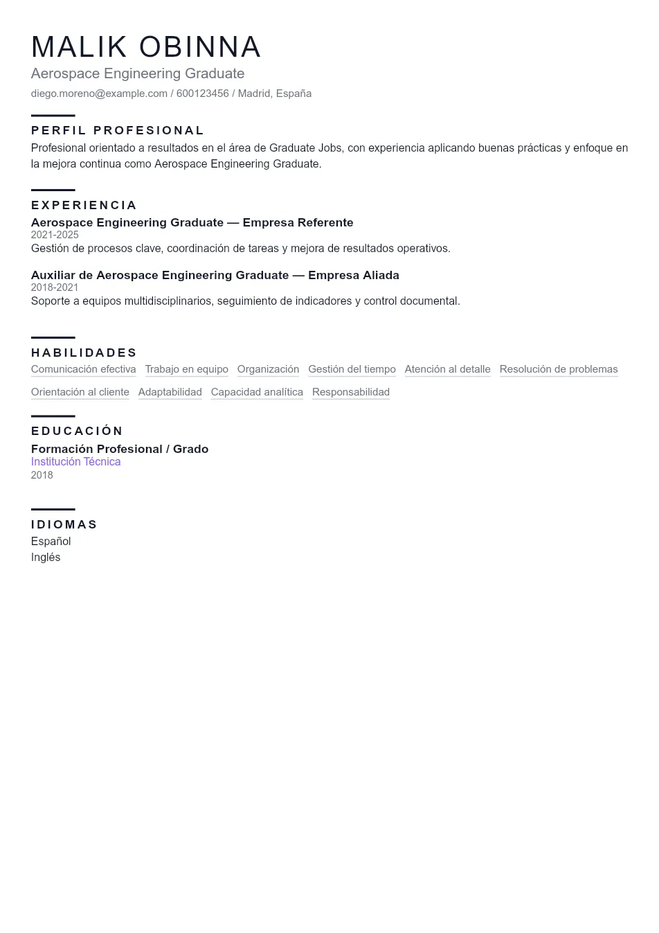 Ejemplo de CV de Aerospace Engineering Gra CV Example - Professional Resume Template