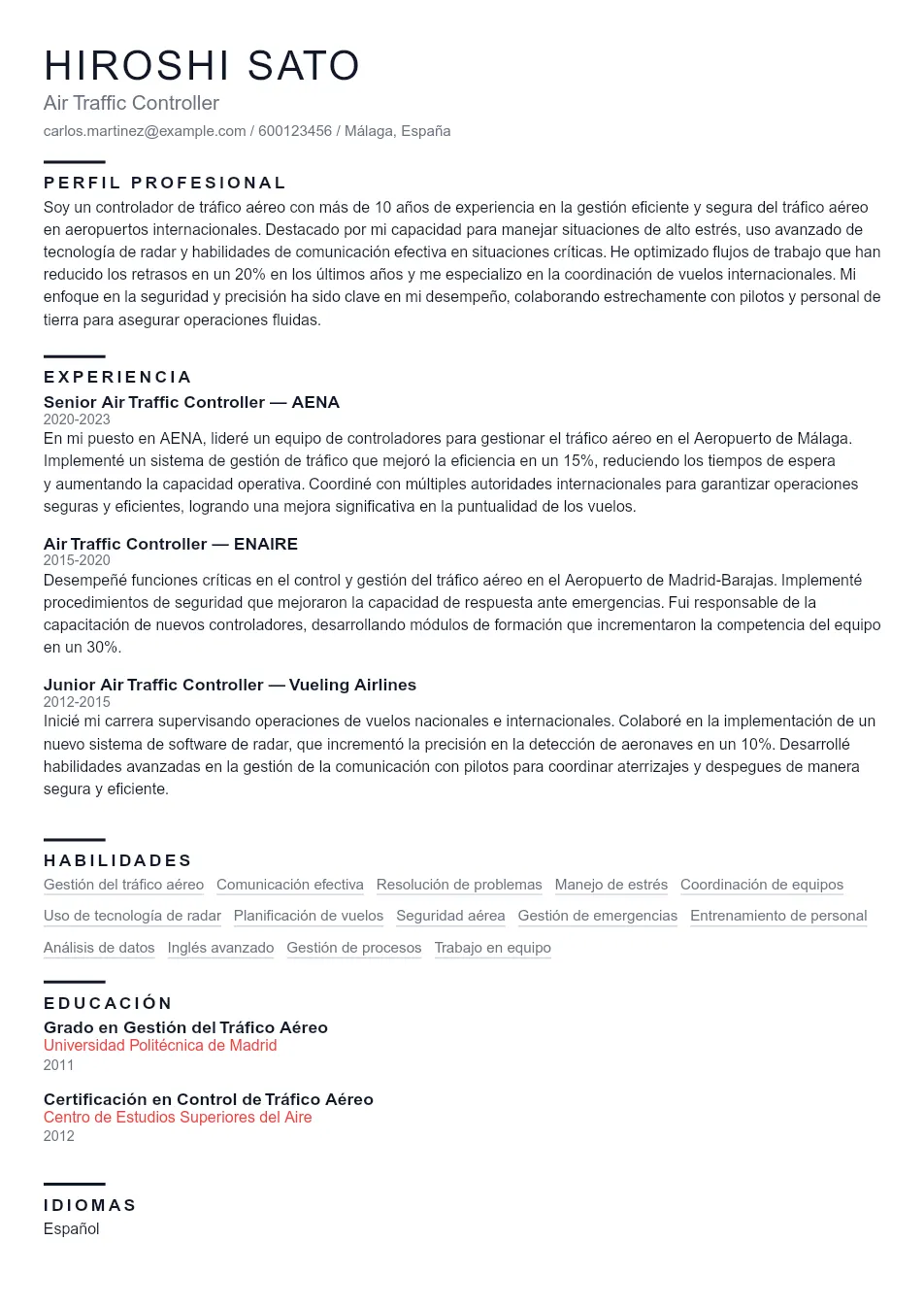 Ejemplo de CV de Air Traffic Controller CV Example - Professional Resume Template