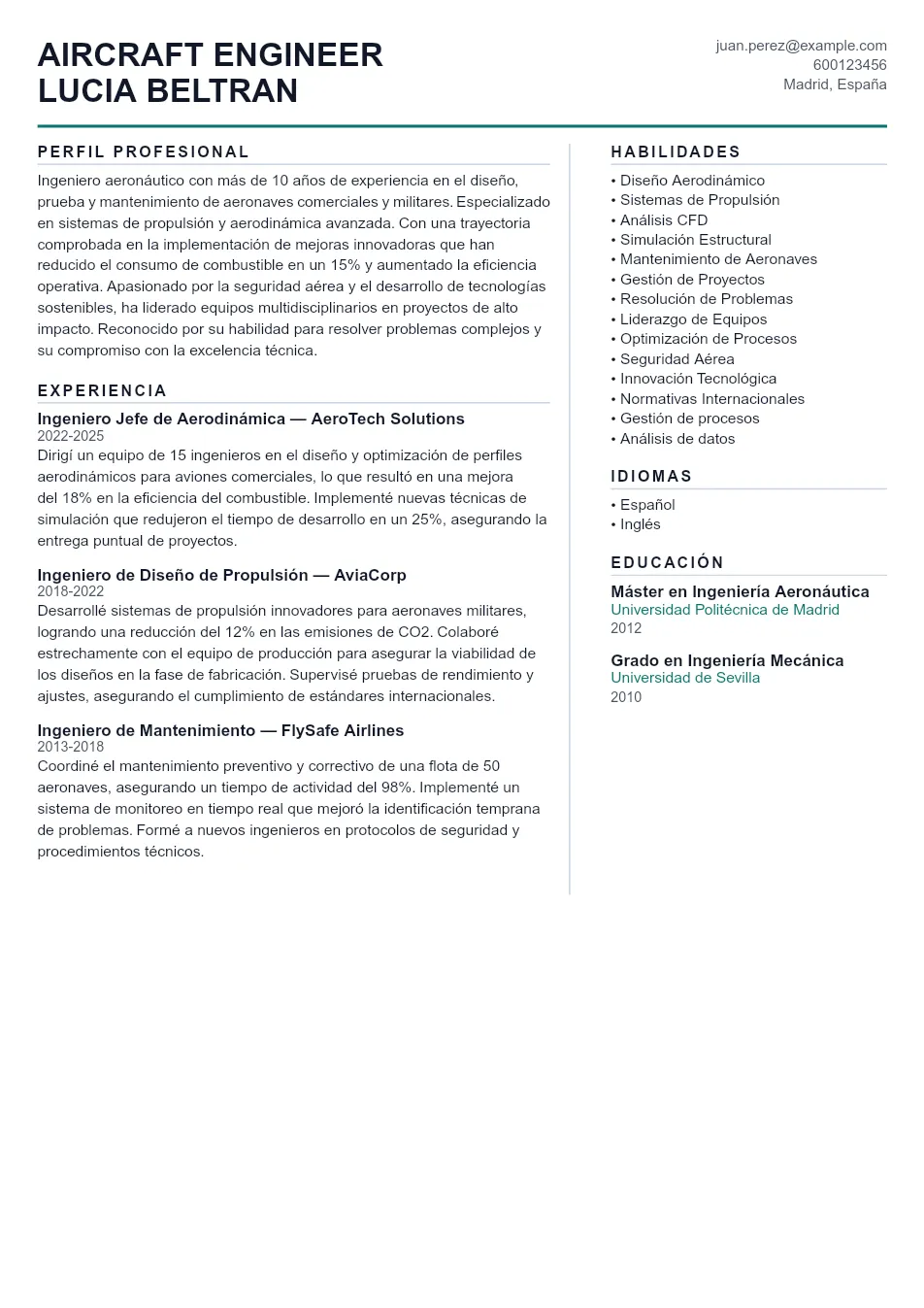 Ejemplo de CV para CV de Ingeniero Aeronáutico - Plantilla de currículum profesional