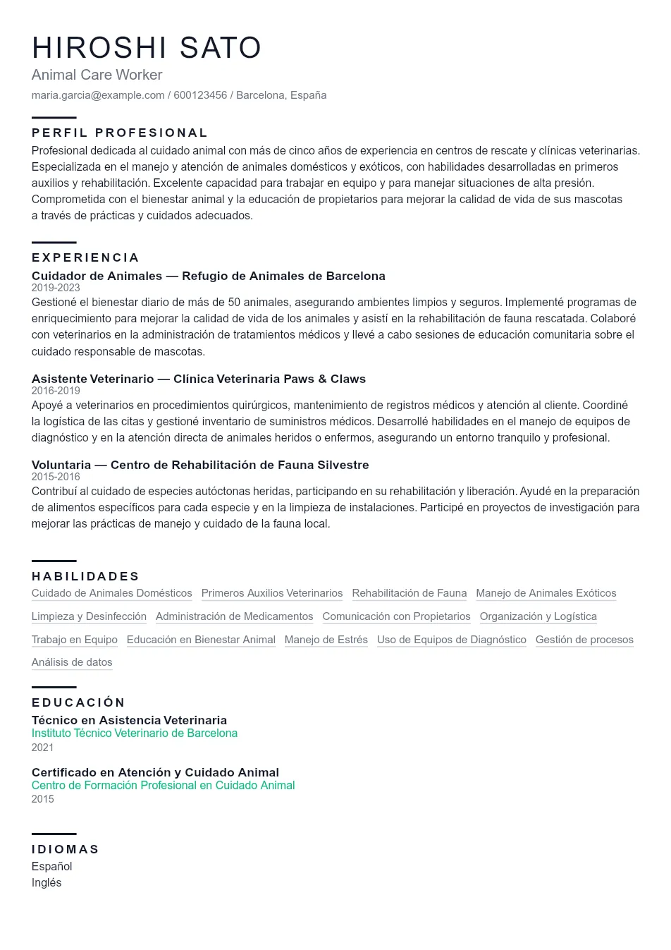 Ejemplo de CV para Cuidador/a de Animales - Plantilla de currículum profesional