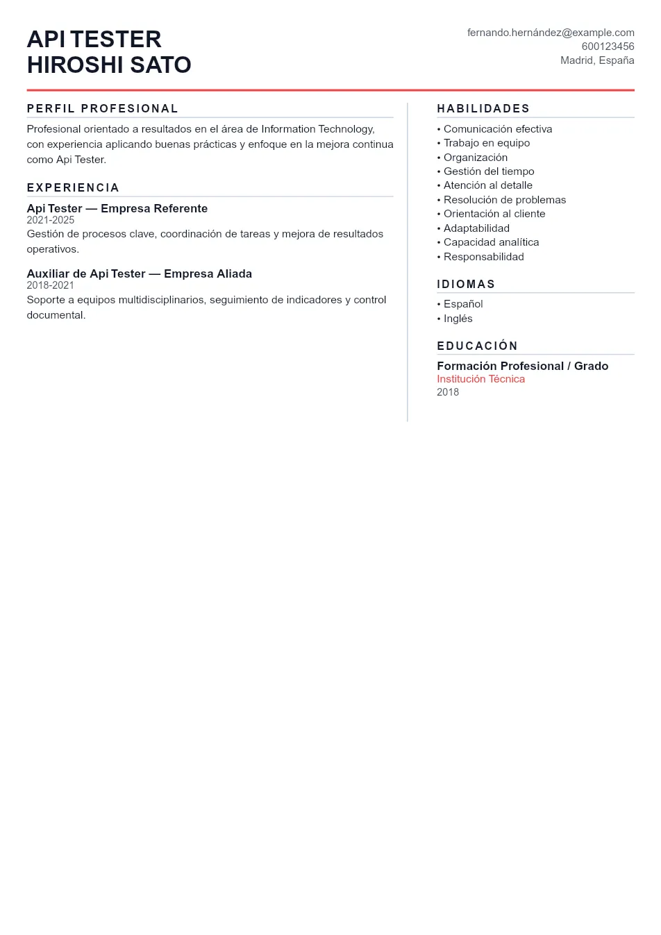 Ejemplo de CV de Api Tester CV Example - Professional Resume Template