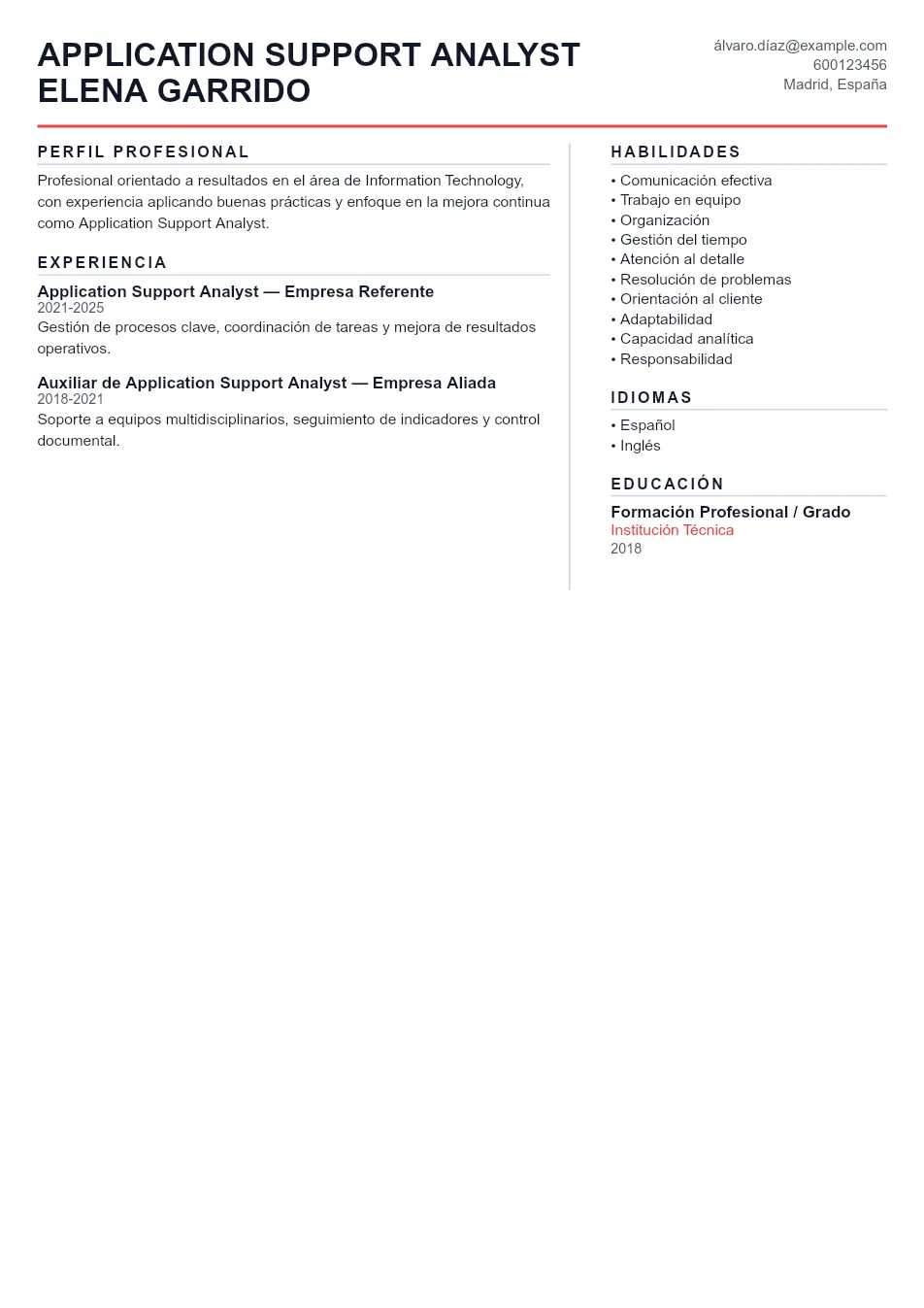 Ejemplo de CV de Application Support Analy CV Example - Professional Resume Template