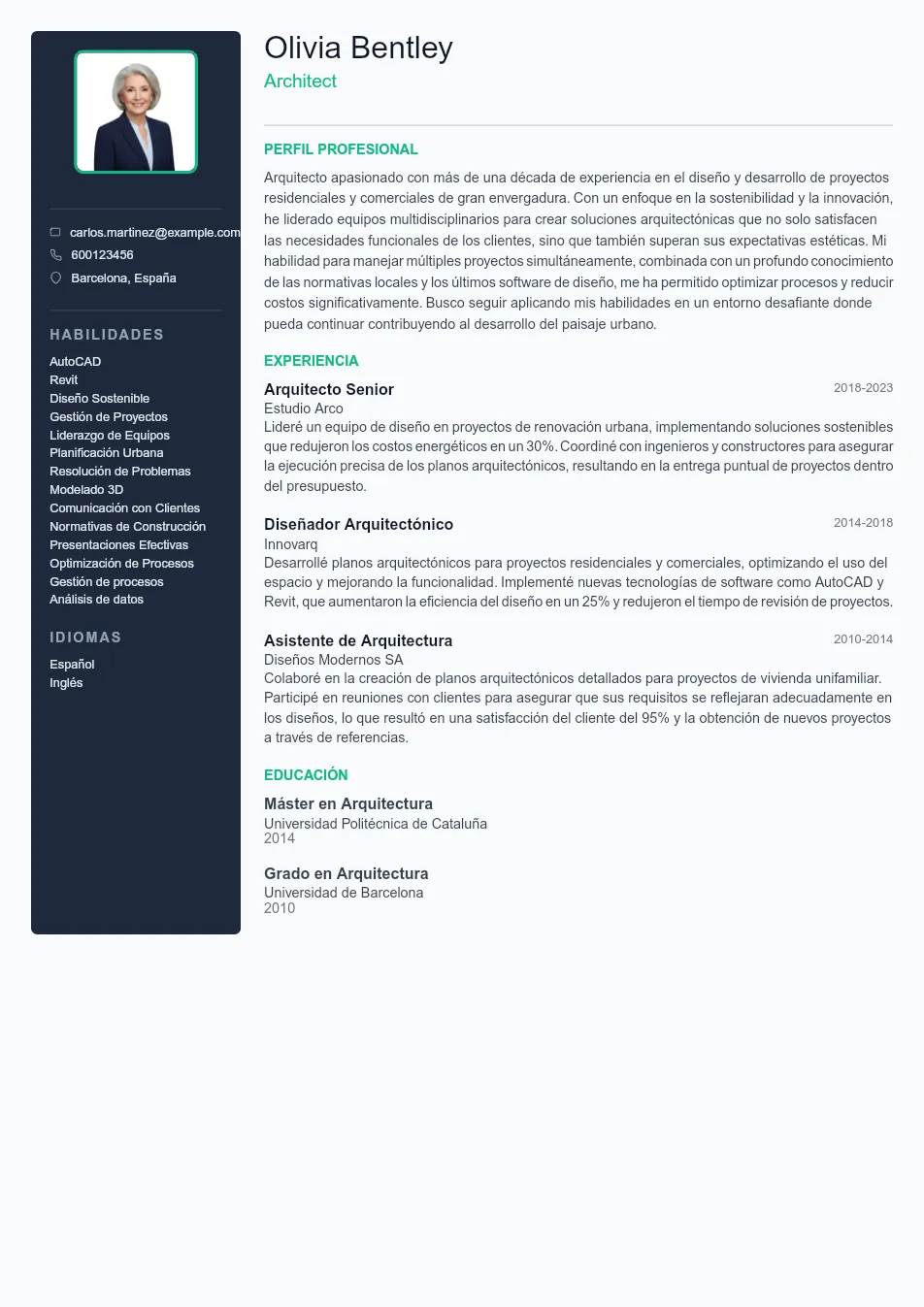 Ejemplo de CV de Architect CV Example - Professional Resume Template