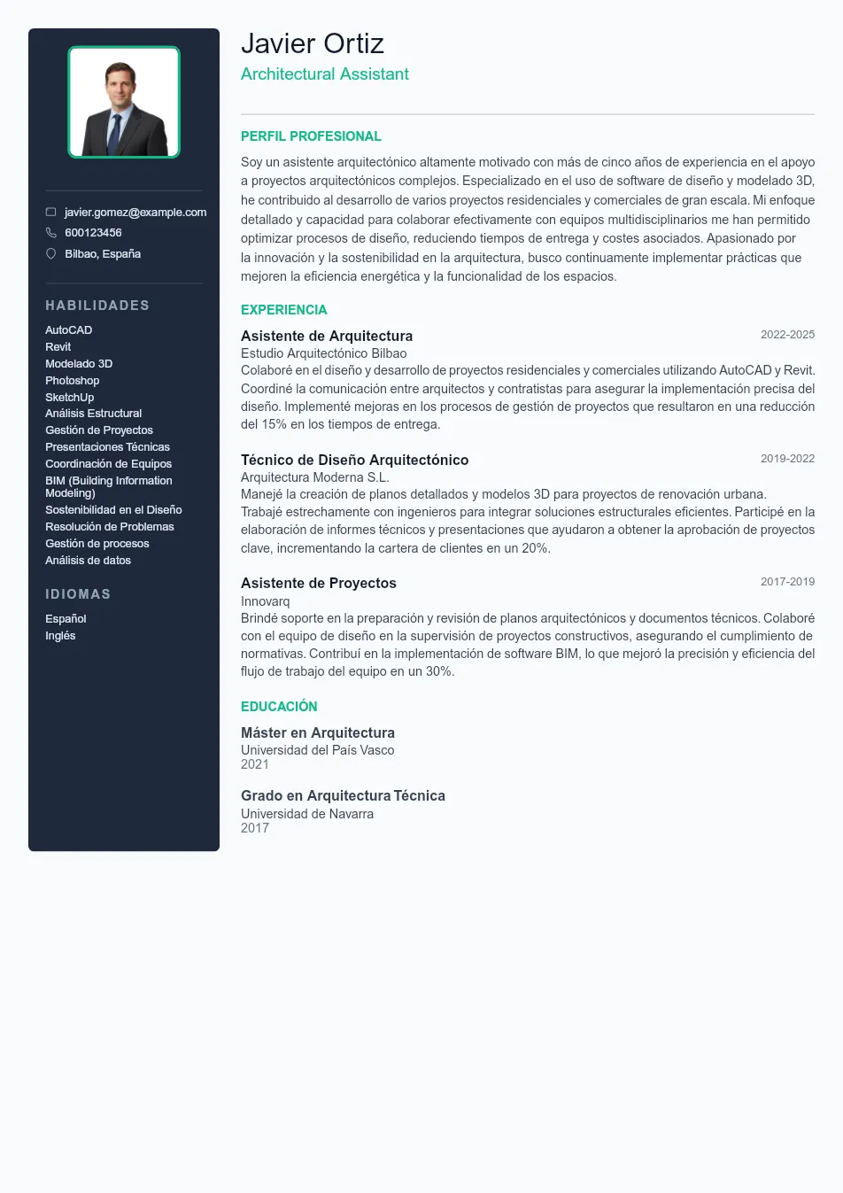 Ejemplo de CV para CV de Architectural Assistant - Plantilla de currículum profesional