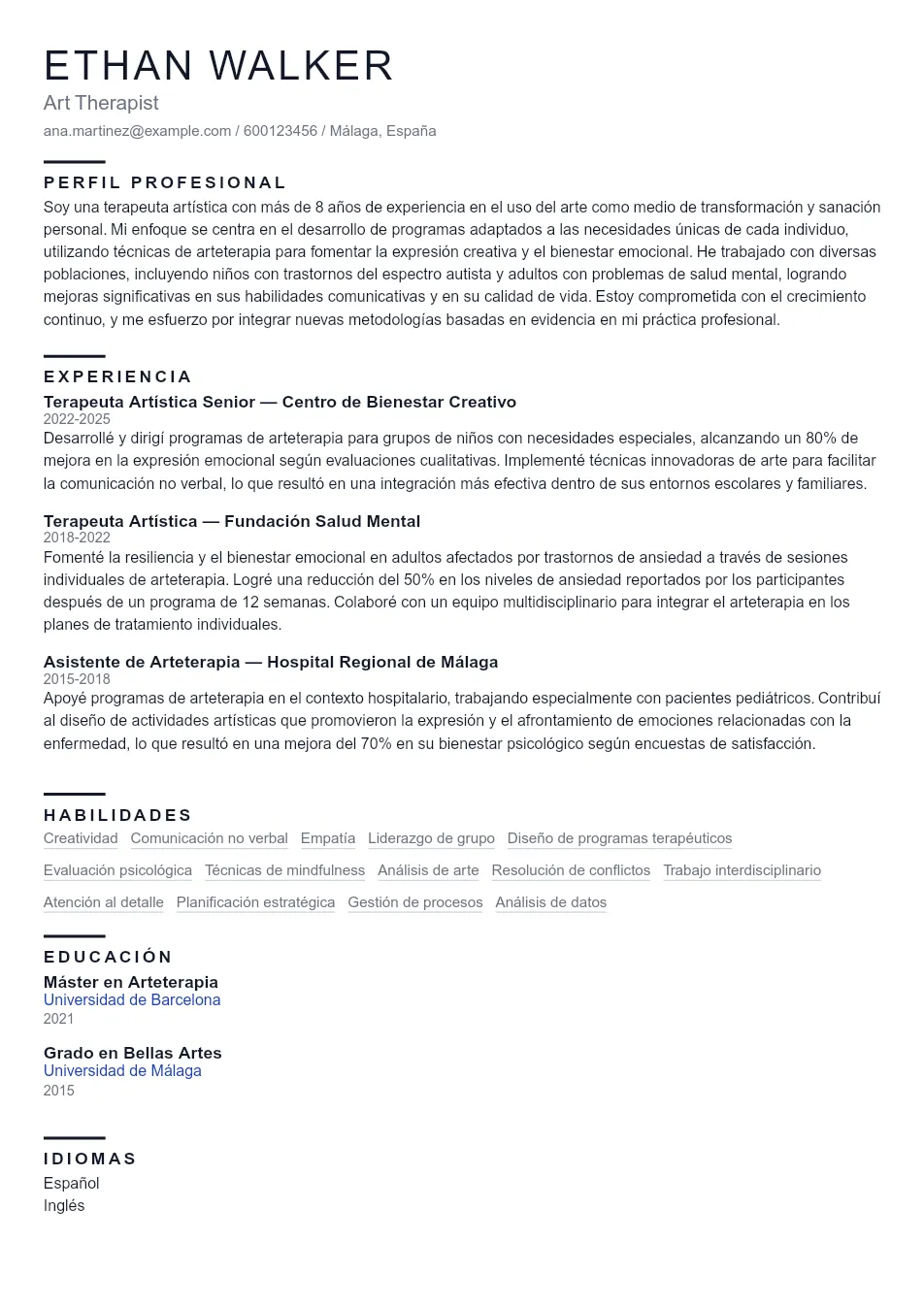 Ejemplo de CV para CV de Arteterapeuta - Plantilla de currículum profesional