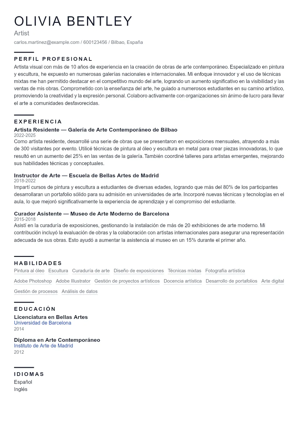 Ejemplo de CV de Artist CV Example - Professional Resume Template