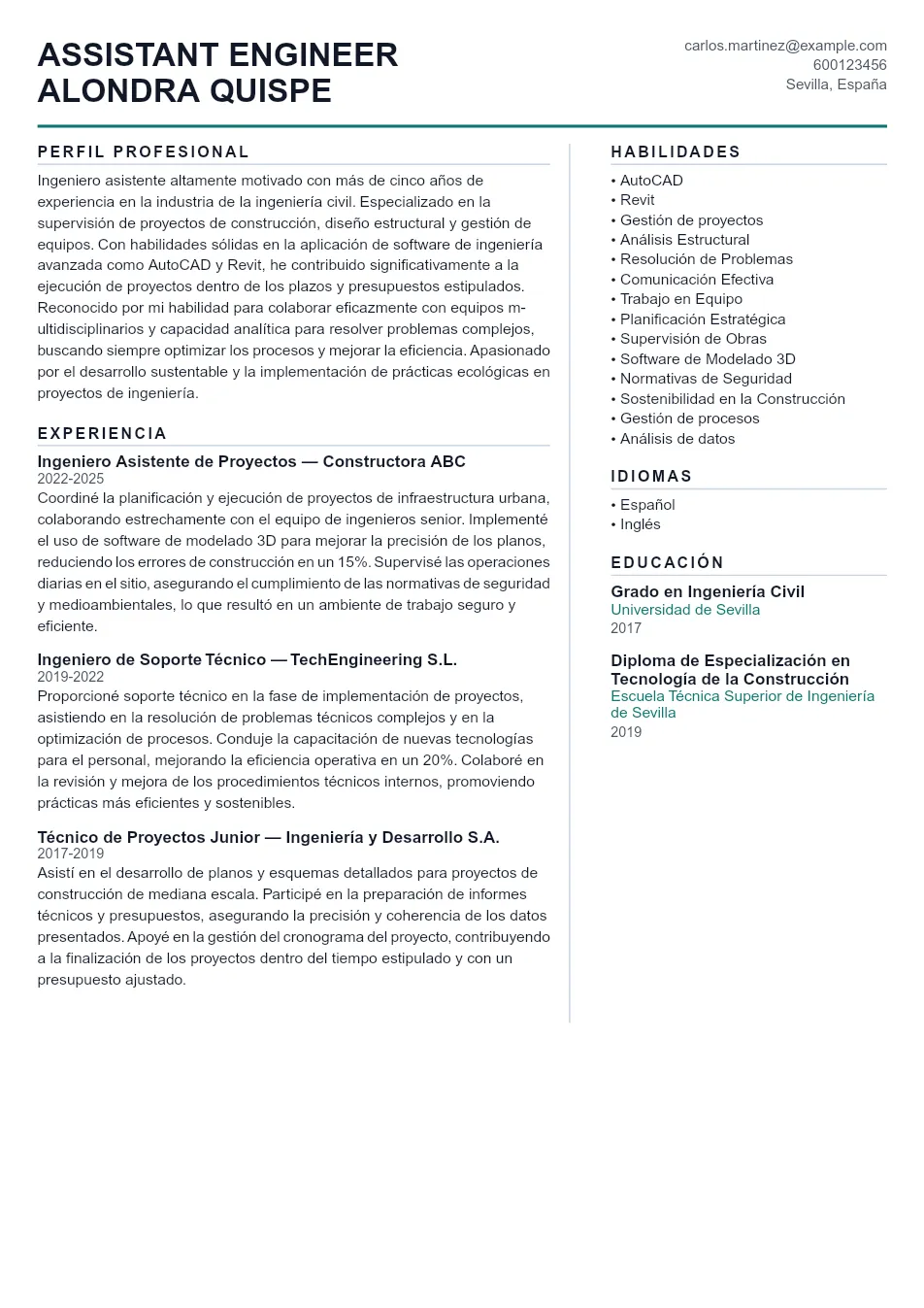 Ejemplo de CV de Assistant Engineer CV Example - Professional Resume Template