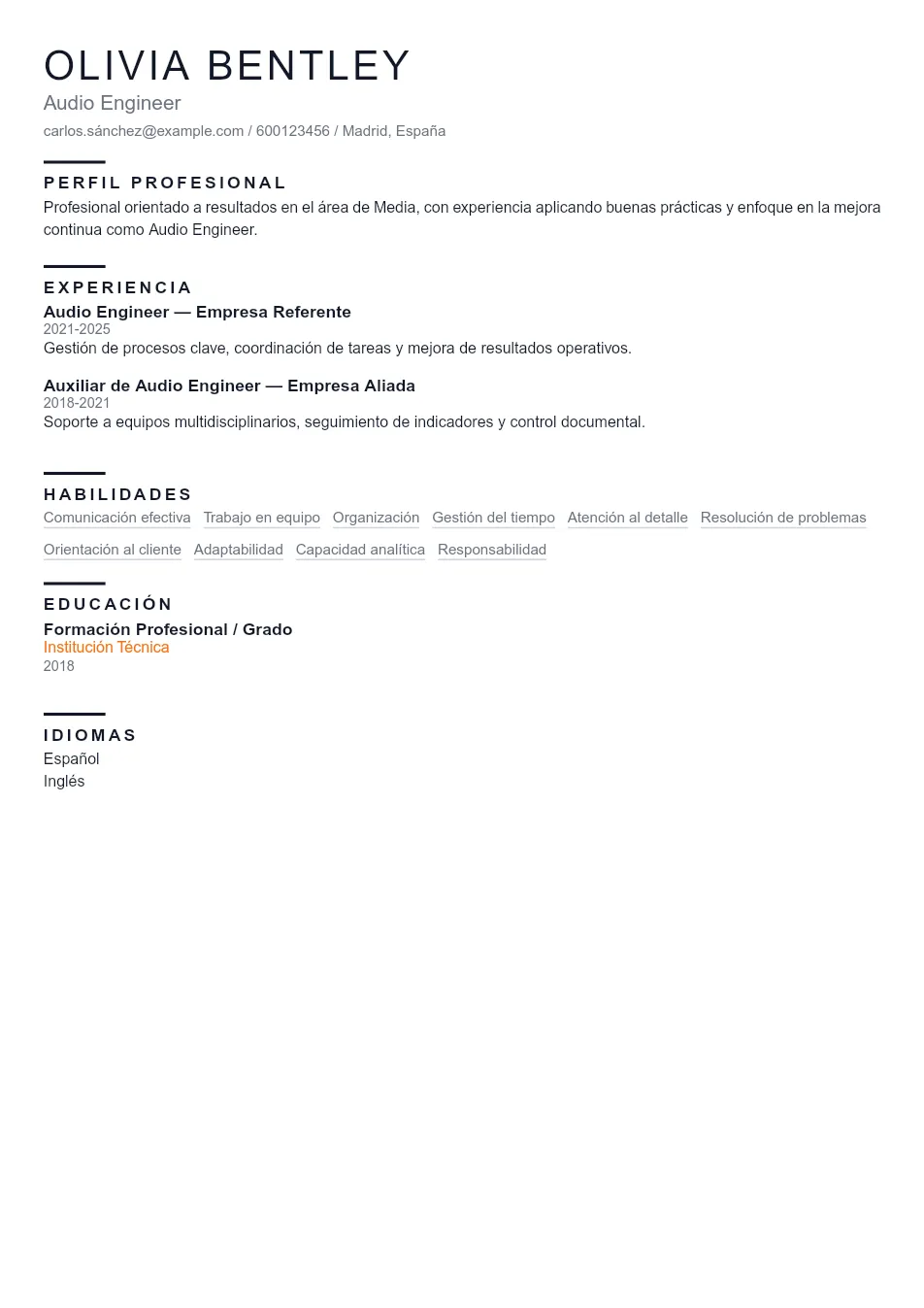 Ejemplo de CV de Audio Engineer CV Example - Professional Resume Template