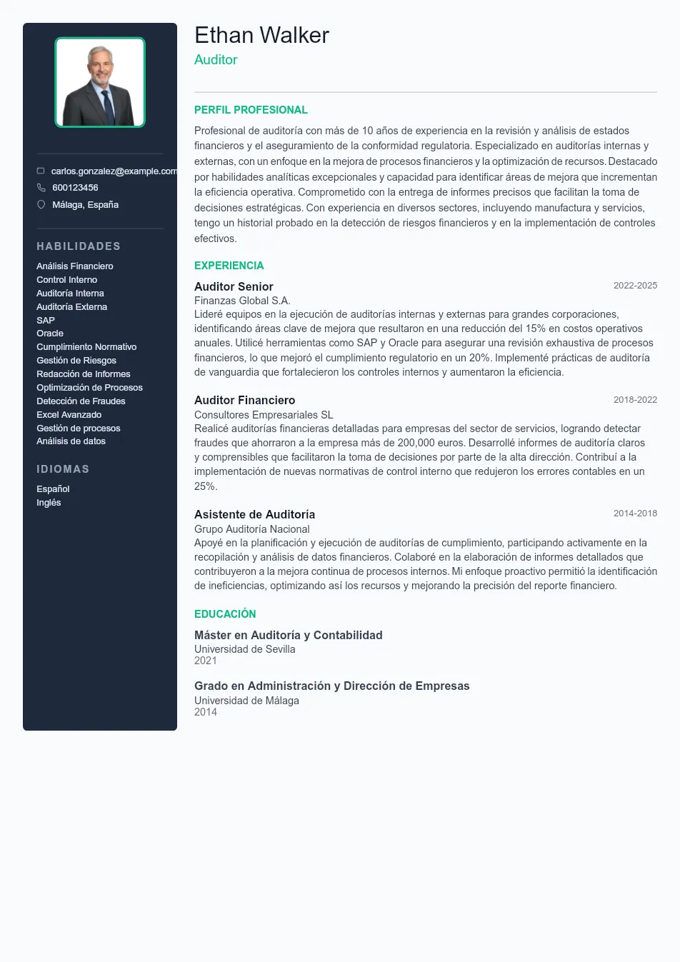 Ejemplo de CV de Auditor CV Example - Professional Resume Template