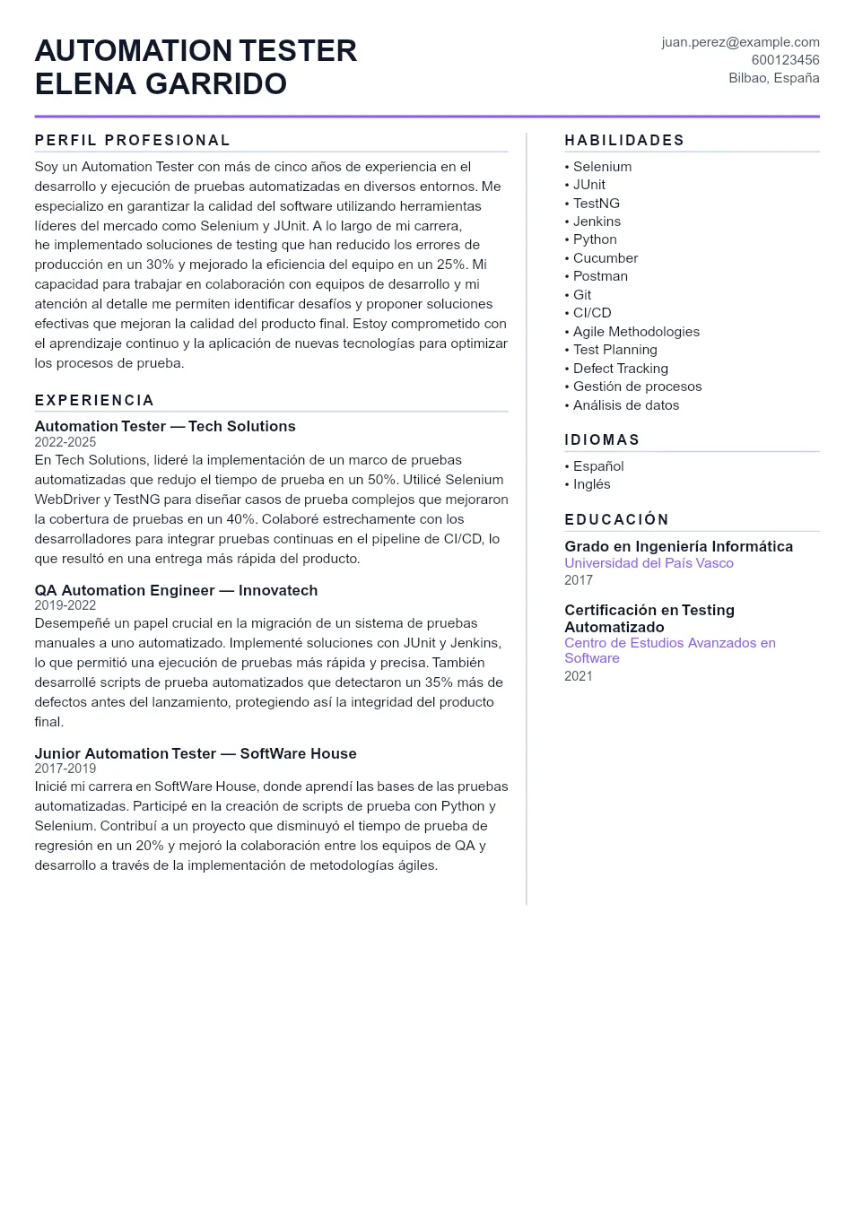 Ejemplo de CV para CV de Automation Tester - Plantilla de currículum profesional
