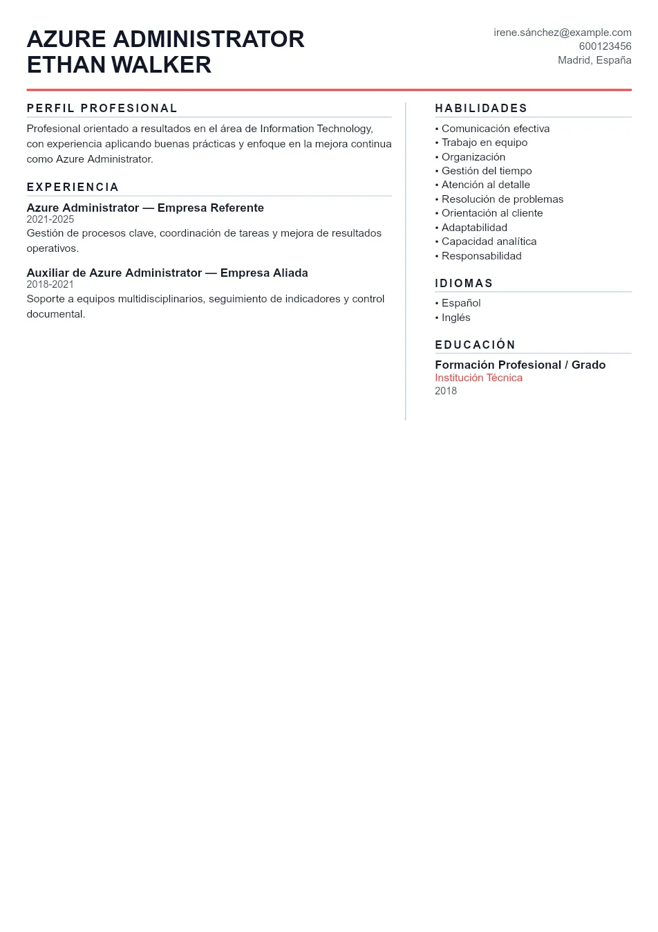 Ejemplo de CV de Azure Administrator CV Example - Professional Resume Template
