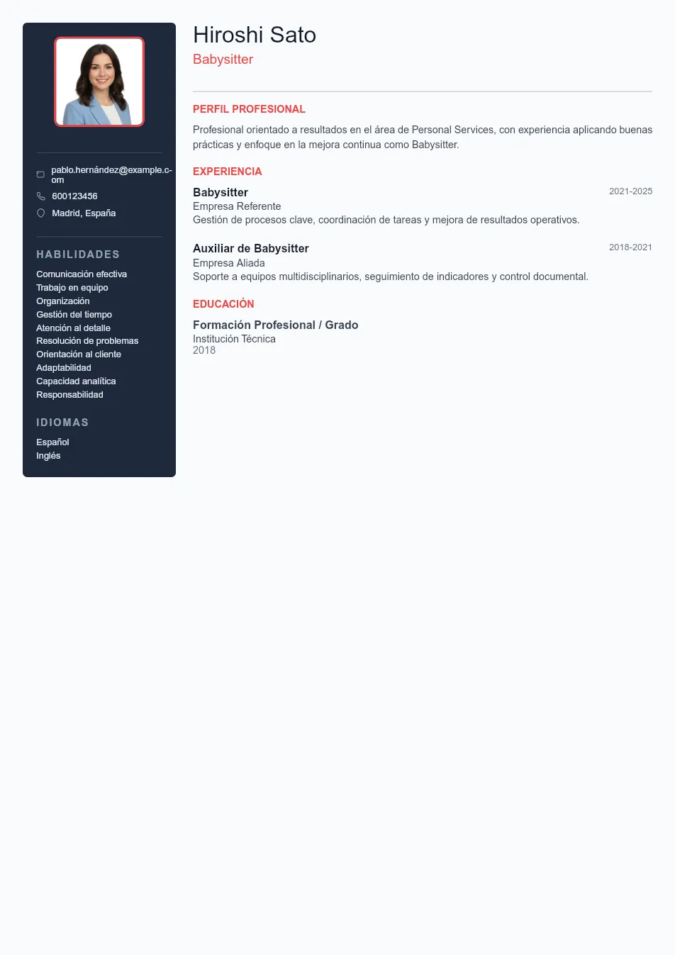 Ejemplo de CV de Babysitter CV Example - Professional Resume Template