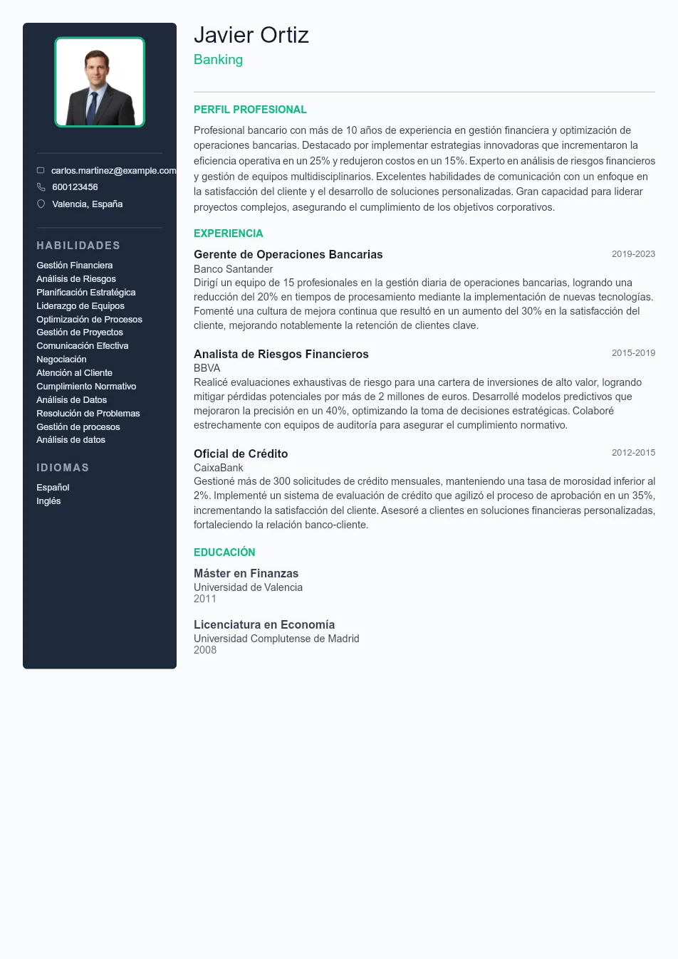 Ejemplo de CV de Profesional bancario/a y CV Example - Professional Resume Template