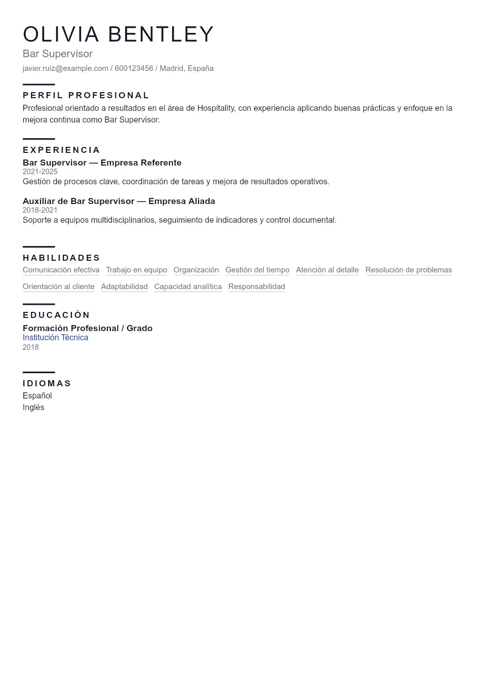 Ejemplo de CV de Bar Supervisor CV Example - Professional Resume Template