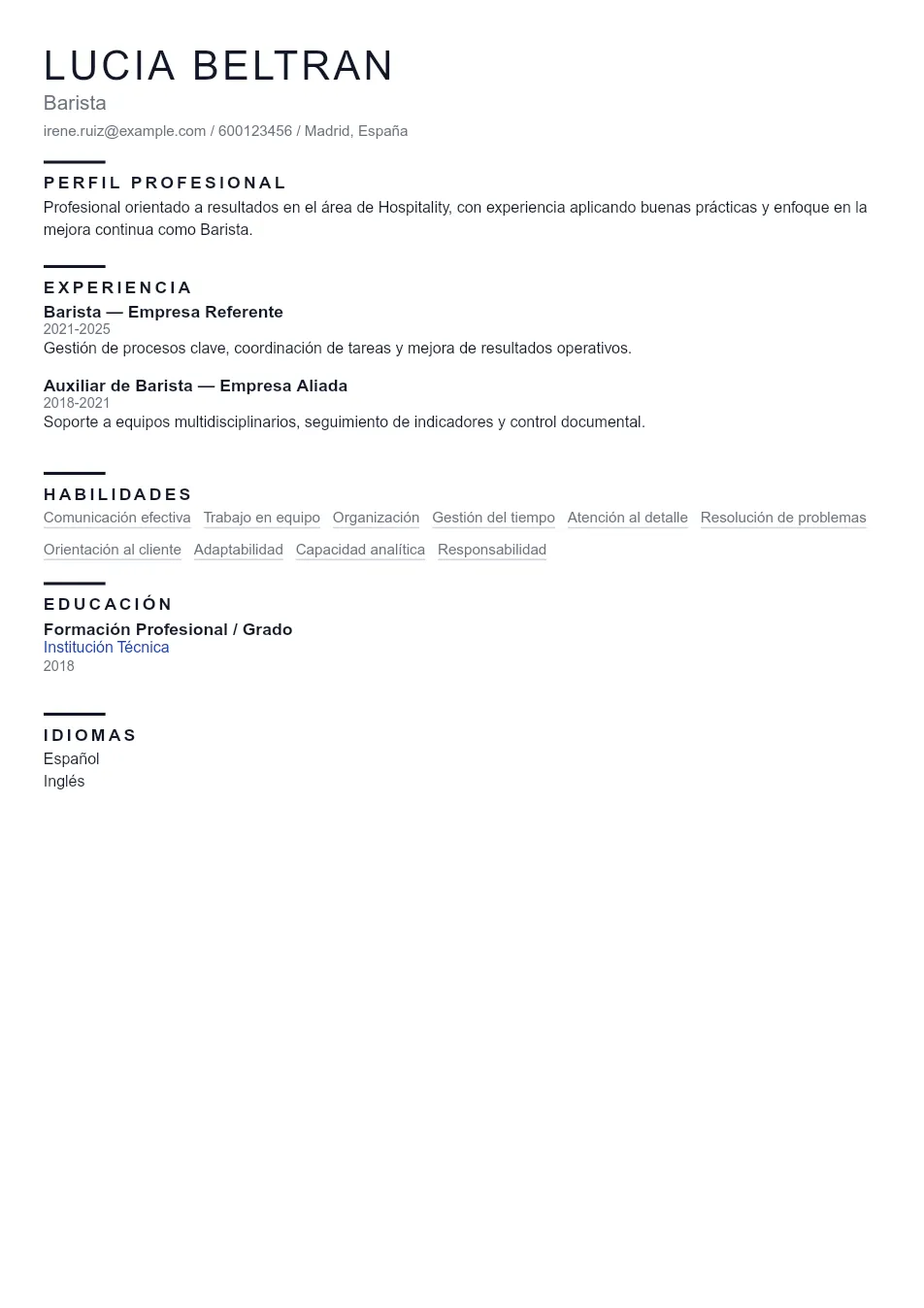 Ejemplo de CV de Barista CV Example - Professional Resume Template