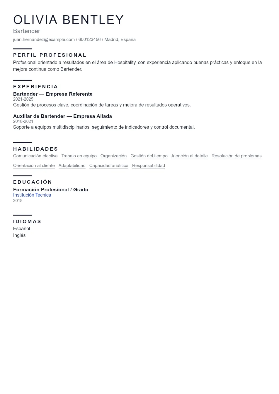 Ejemplo de CV de Bartender CV Example - Professional Resume Template