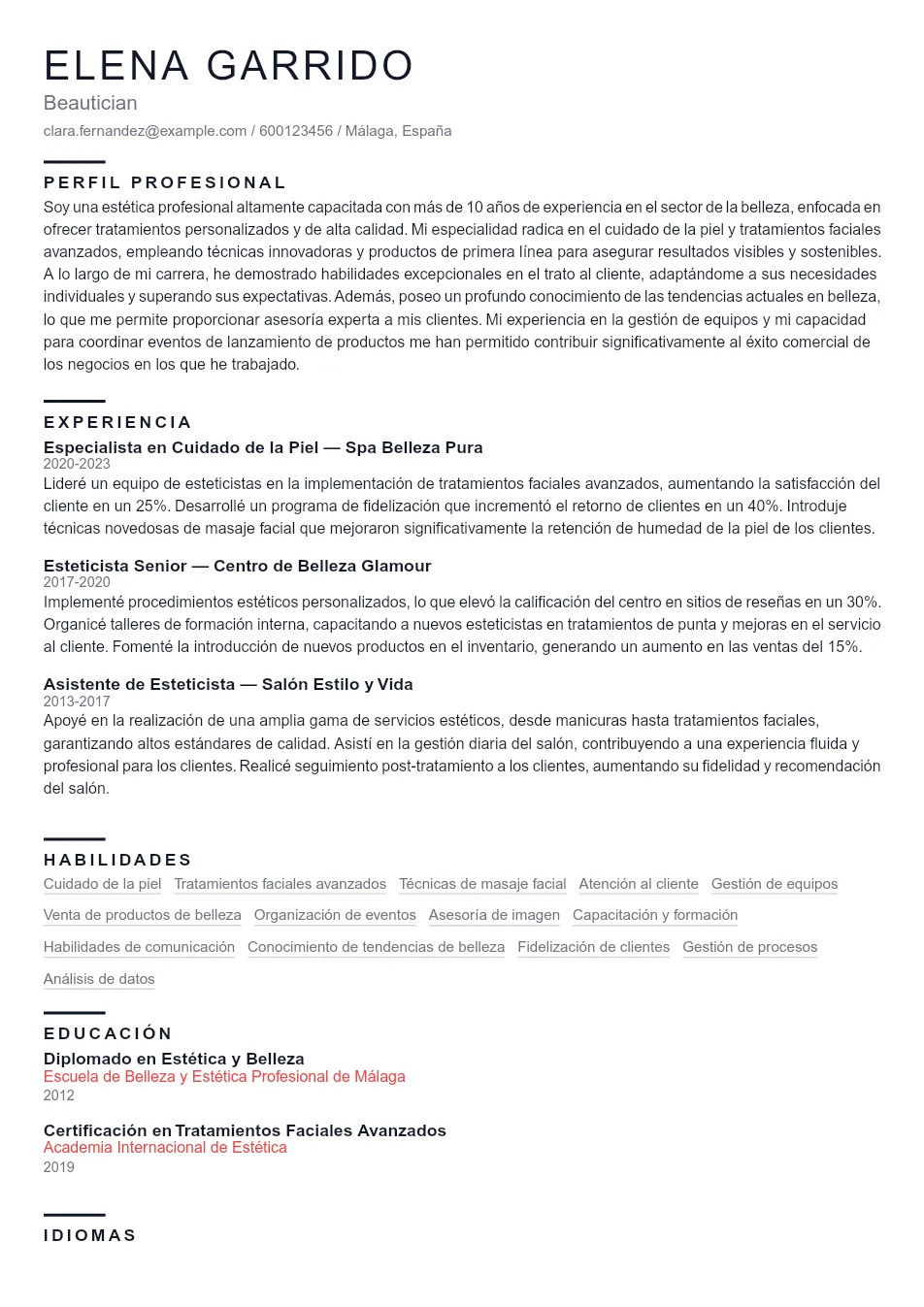 Ejemplo de CV para Esteticista que Destaque - Plantilla de currículum profesional