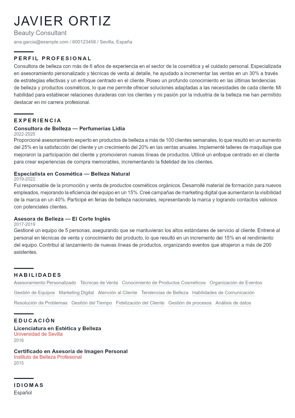 Ejemplo de CV para Consultor/a de Belleza - Plantilla de currículum profesional