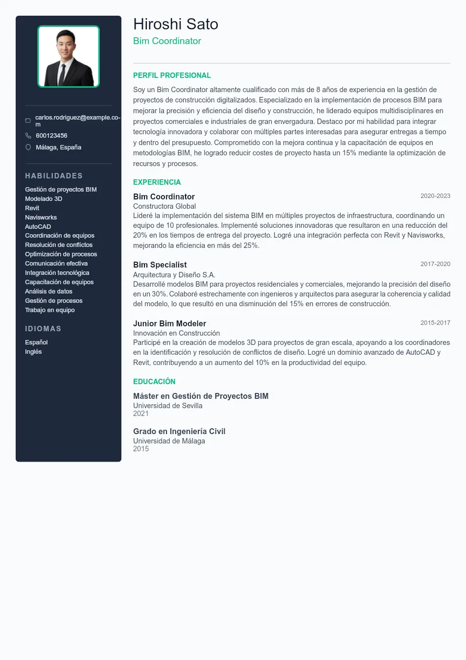 Ejemplo de CV de Bim Coordinator CV Example - Professional Resume Template