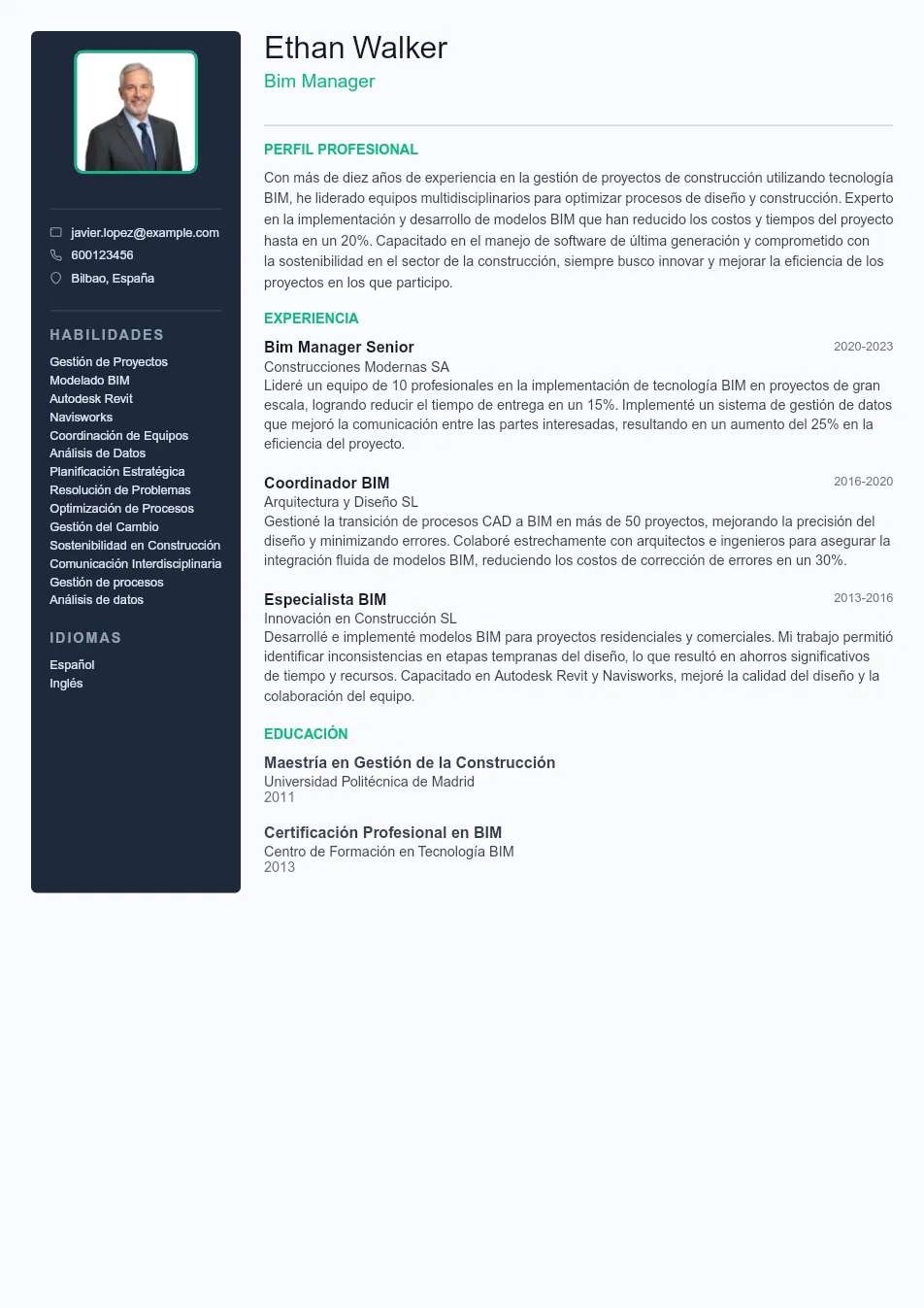Ejemplo de CV de Bim Manager CV Example - Professional Resume Template