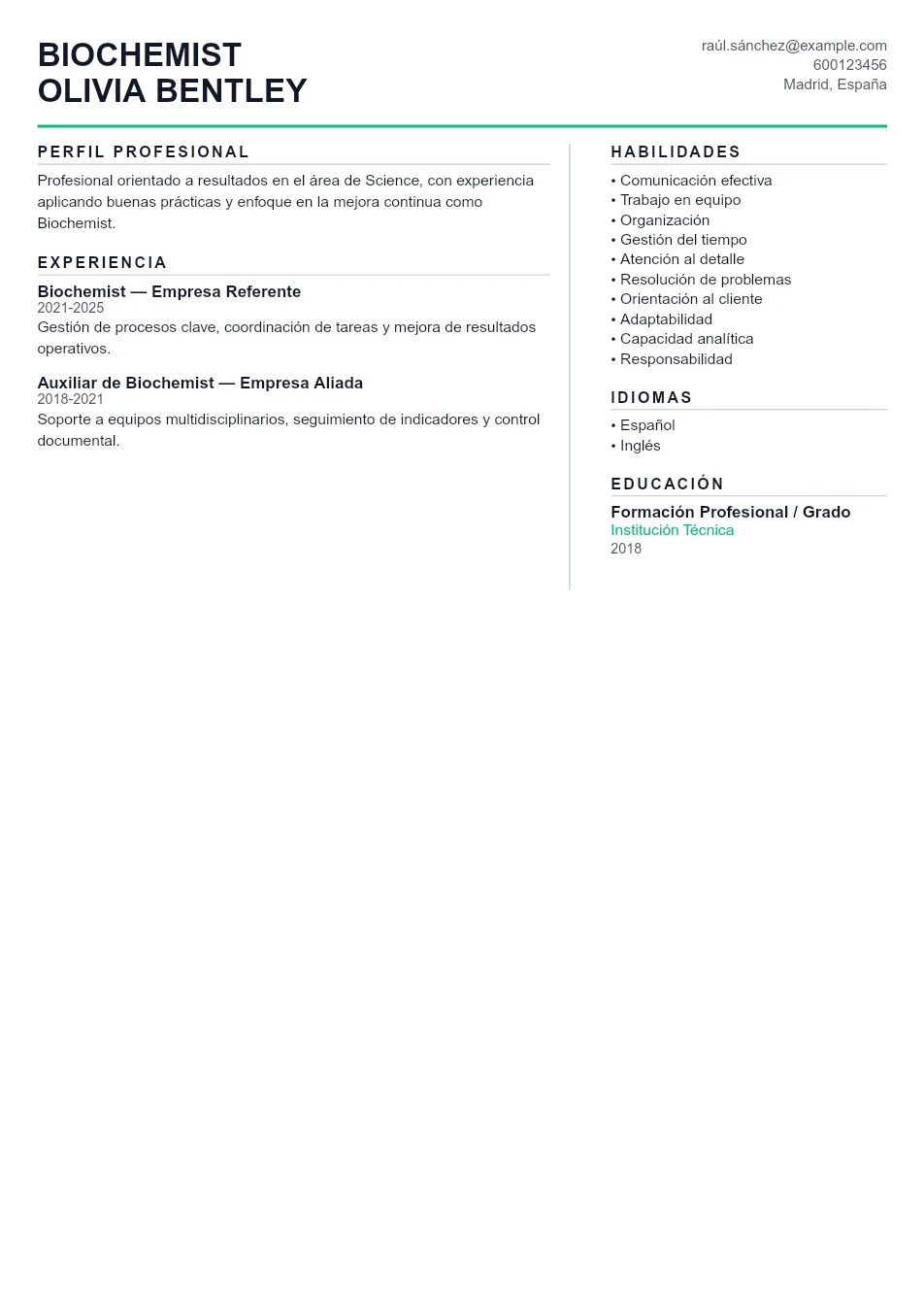 Ejemplo de CV de Biochemist CV Example - Professional Resume Template