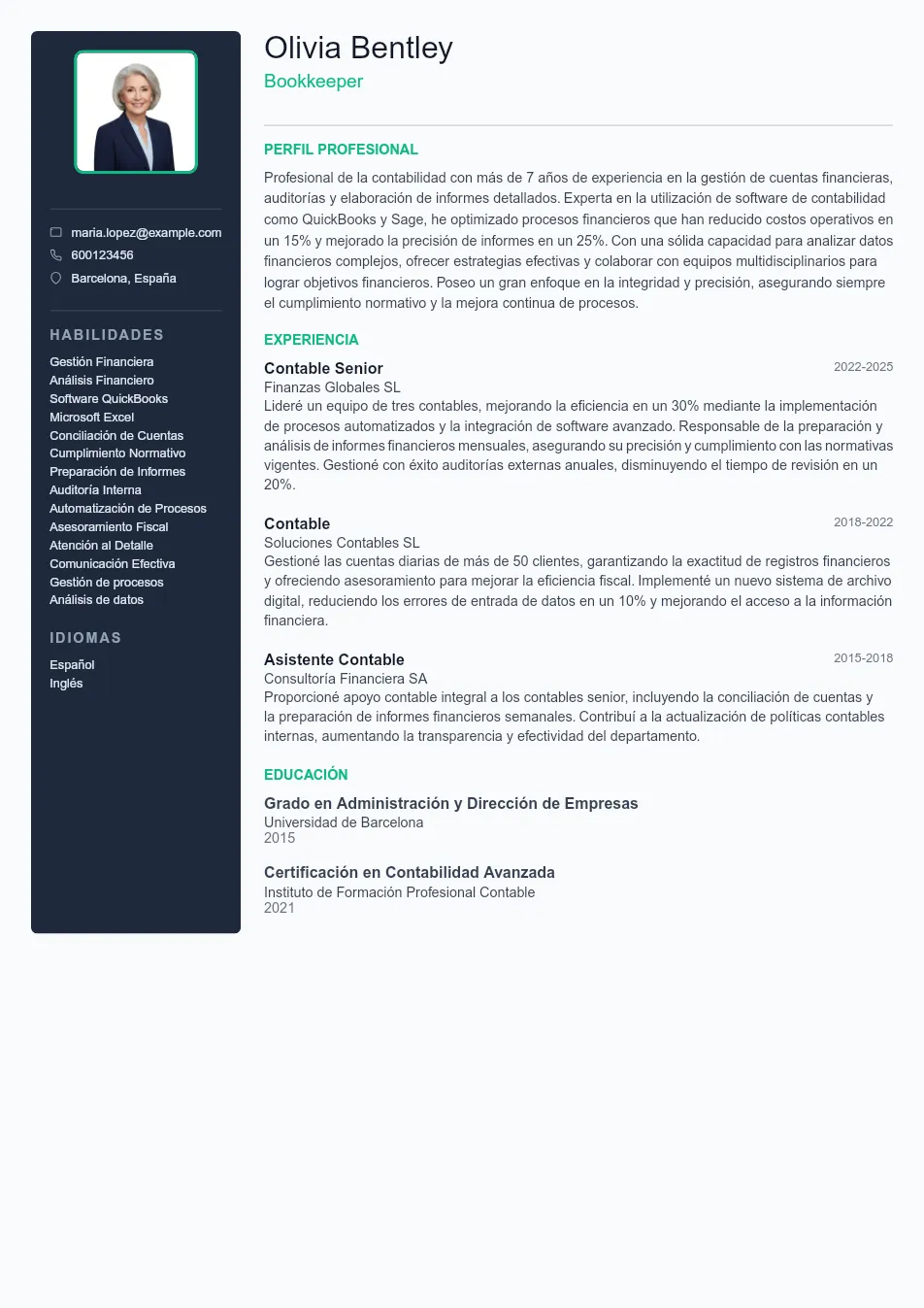 Ejemplo de CV de Bookkeeper CV Example - Professional Resume Template