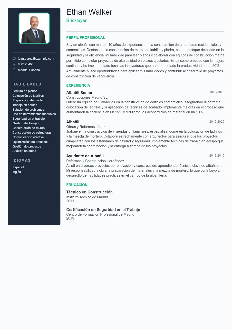 Ejemplo de CV de Bricklayer CV Example - Professional Resume Template