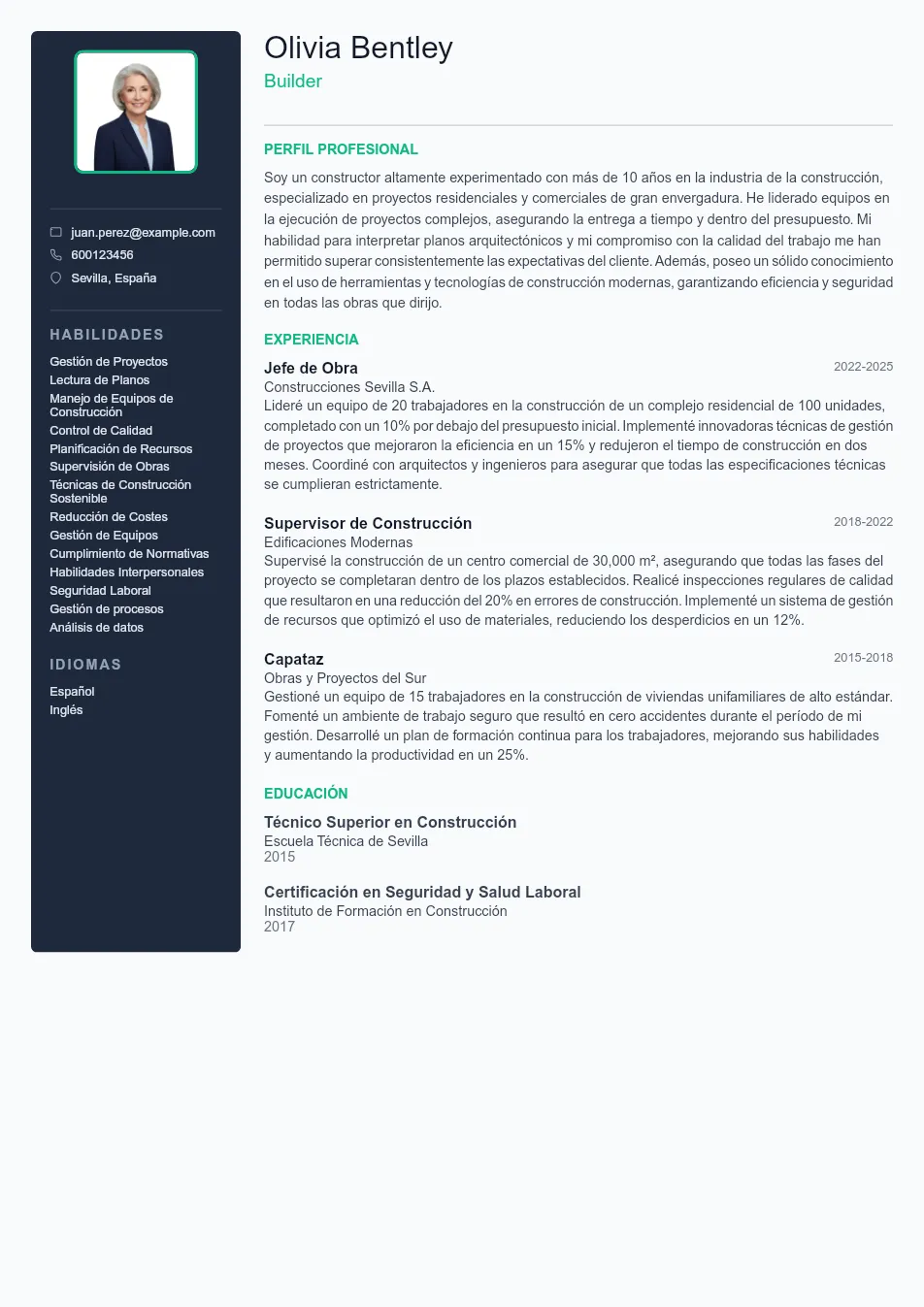 Ejemplo de CV de Builder CV Example - Professional Resume Template