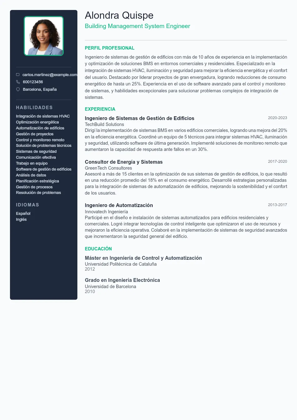 Ejemplo de CV de Building Management Syste CV Example - Professional Resume Template