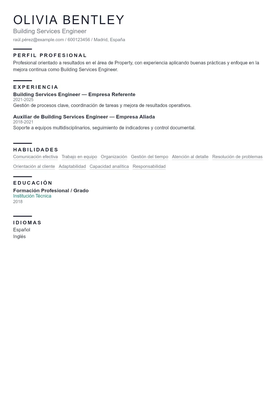 Ejemplo de CV de Building Services Enginee CV Example - Professional Resume Template
