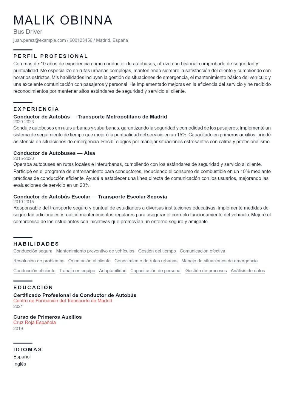 Ejemplo de CV de Bus Driver CV Example - Professional Resume Template