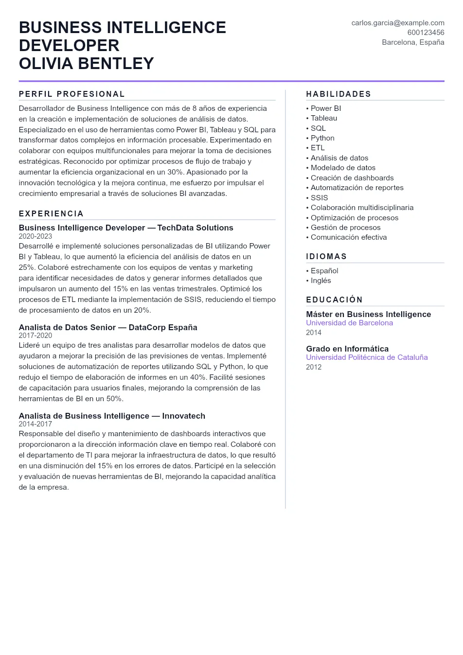 Ejemplo de CV de Business Intelligence Dev CV Example - Professional Resume Template