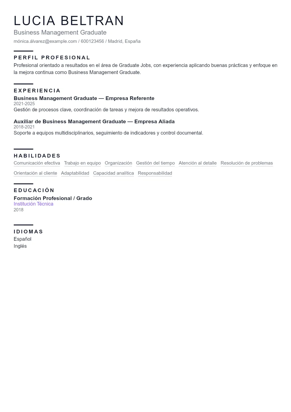 Ejemplo de CV de Business Management Gradu CV Example - Professional Resume Template
