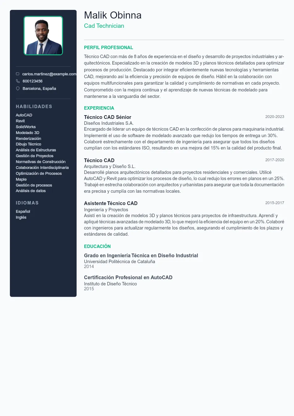 Ejemplo de CV para CV de CAD Technician - Plantilla de currículum profesional