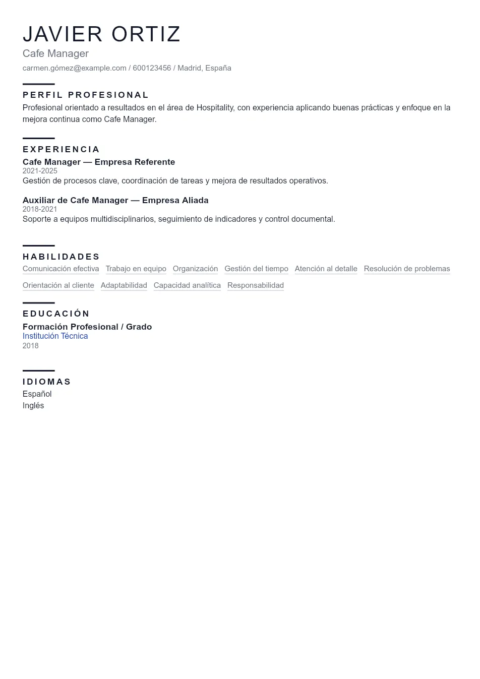 Ejemplo de CV para CV de Cafe Manager - Plantilla de currículum profesional