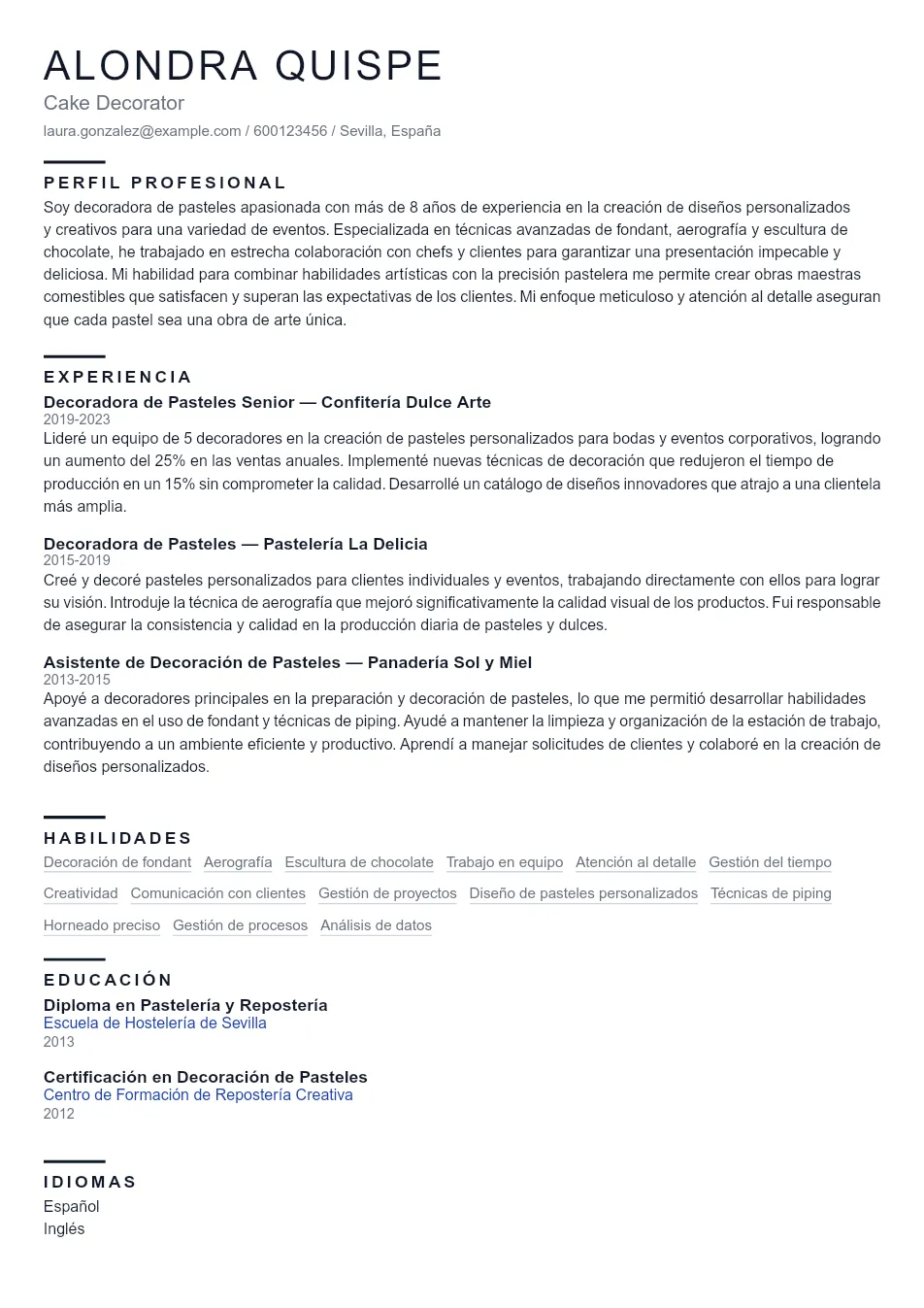Ejemplo de CV para CV de Cake Decorator - Plantilla de currículum profesional