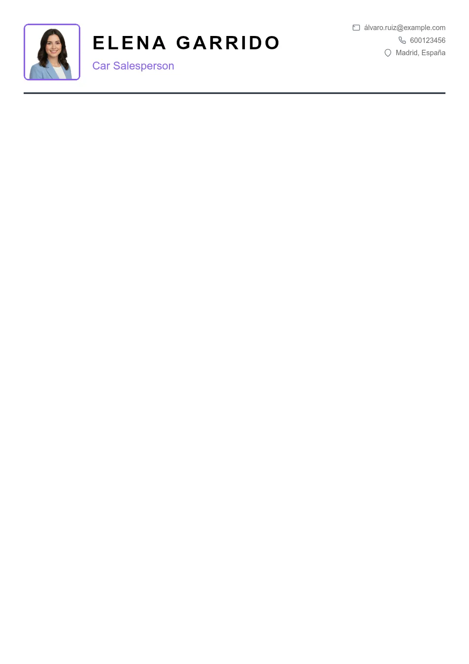 Ejemplo de CV para CV de Vendedor de Automóviles - Plantilla de currículum profesional