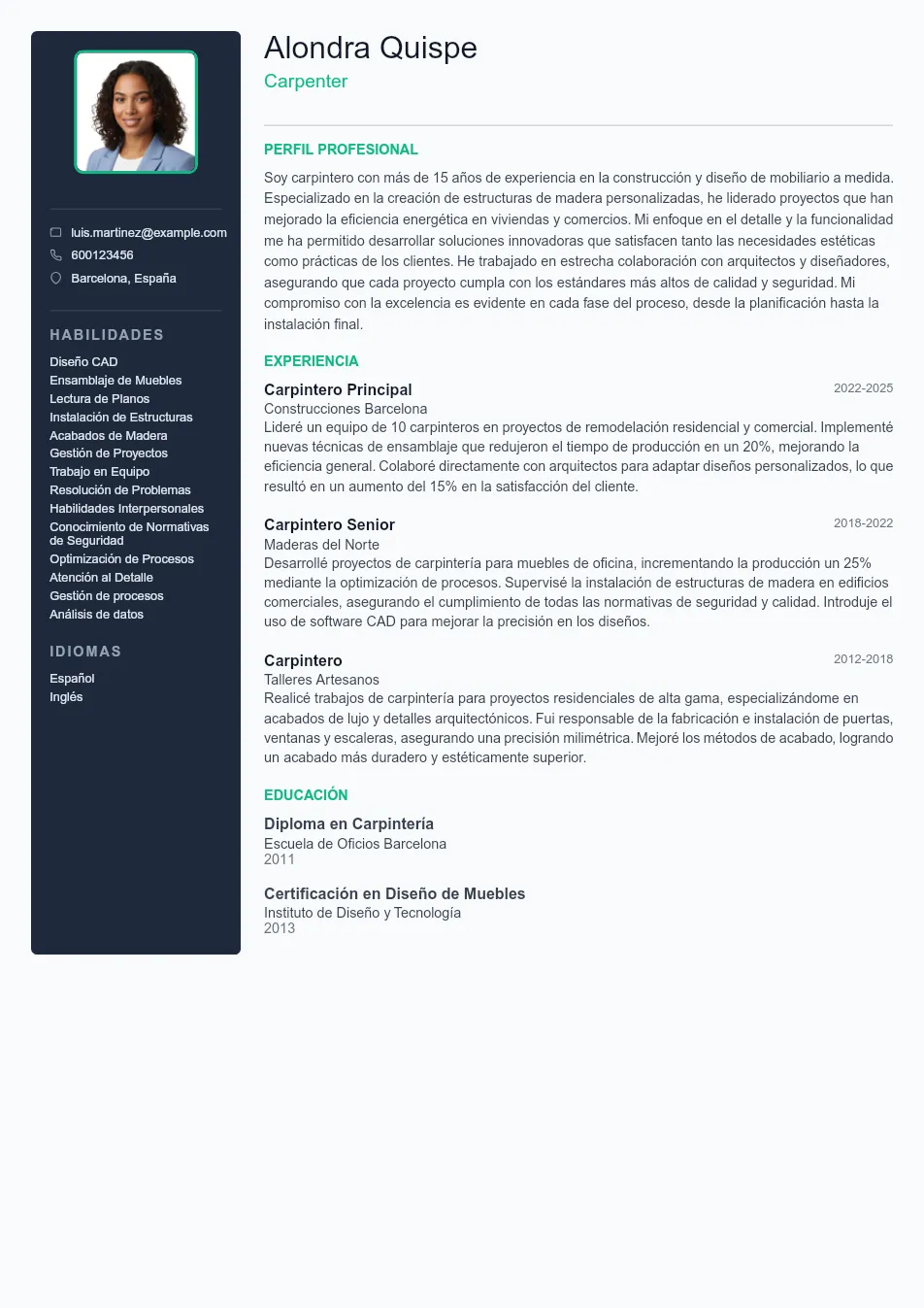 Ejemplo de CV de Carpenter CV Example - Professional Resume Template