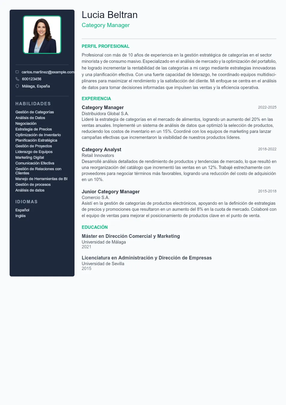 Ejemplo de CV de Category Manager CV Example - Professional Resume Template