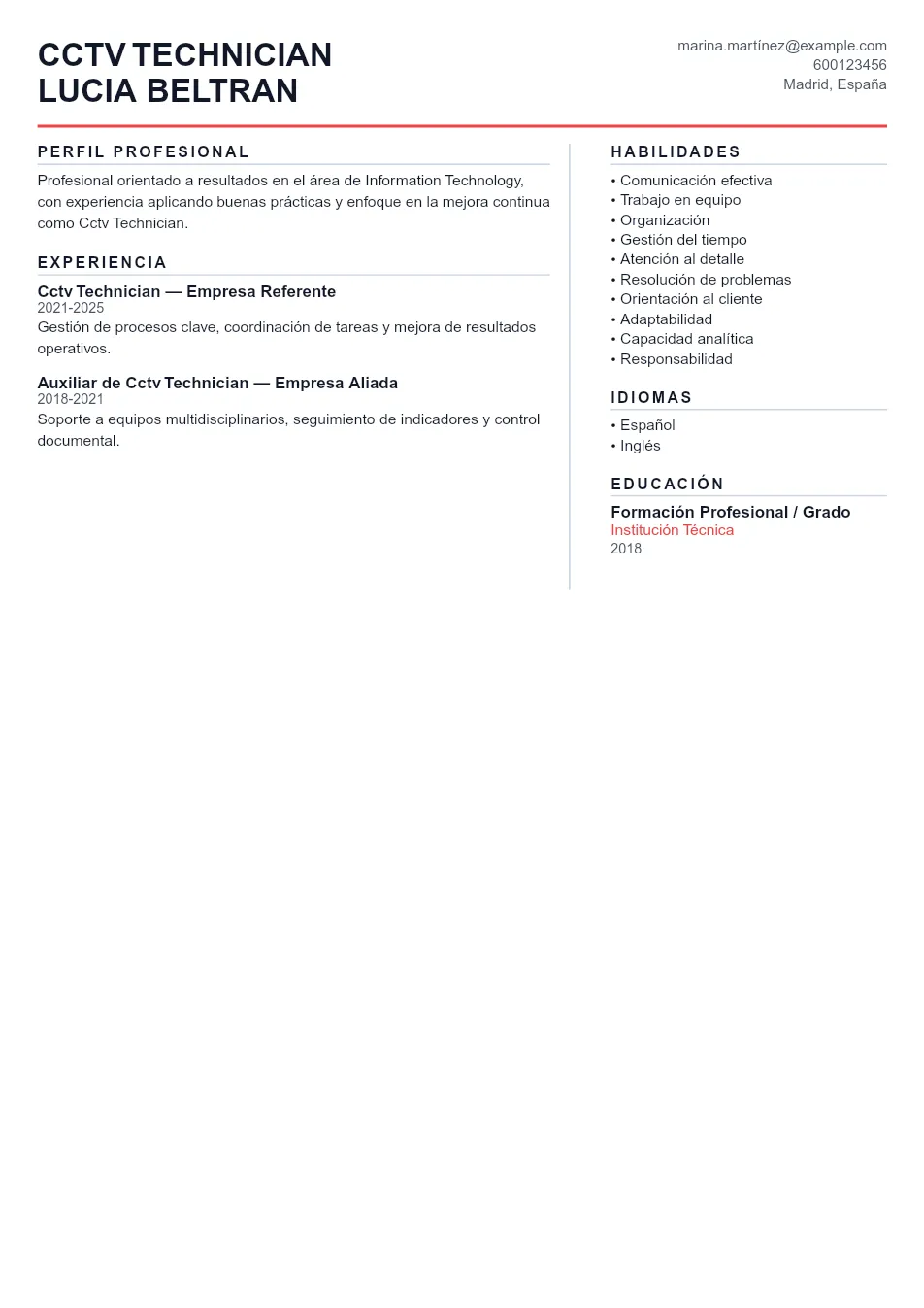 Ejemplo de CV de Cctv Technician CV Example - Professional Resume Template