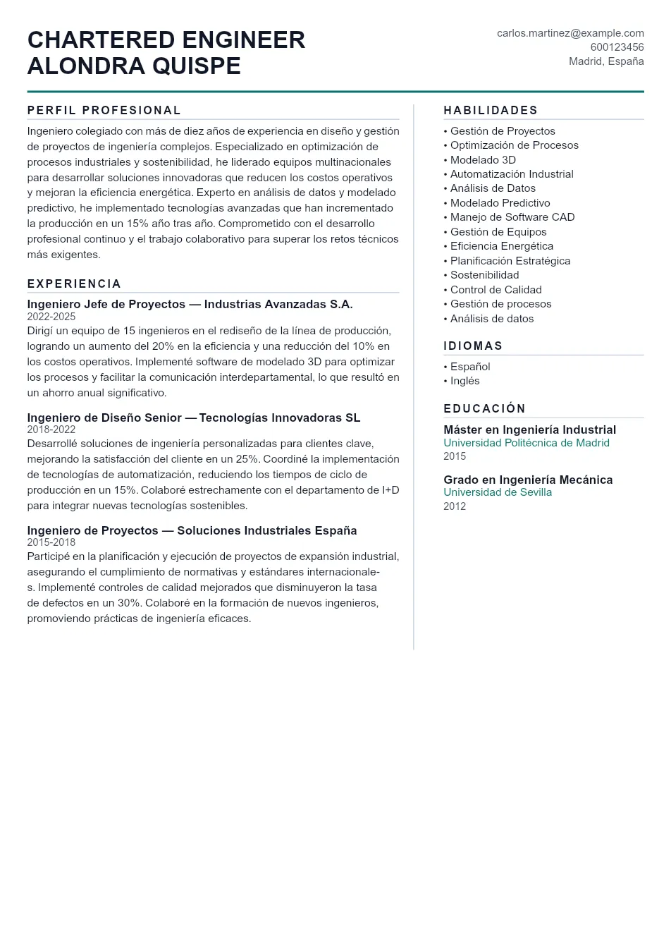 Ejemplo de CV de Chartered Engineer CV Example - Professional Resume Template
