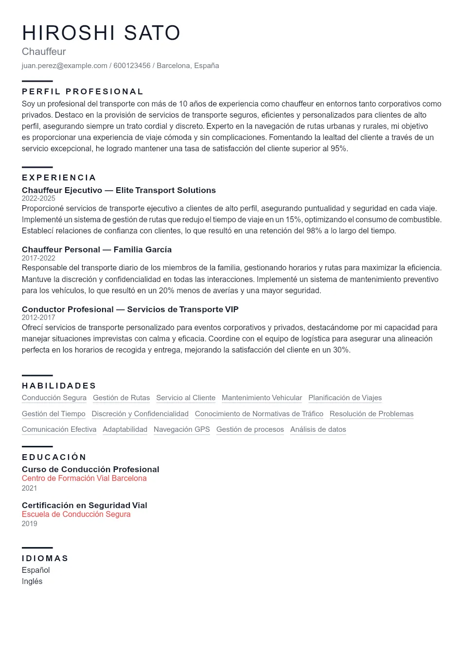 Ejemplo de CV para Ejemplo de CV de Chauffeur Profesional y G - Plantilla de currículum profesional