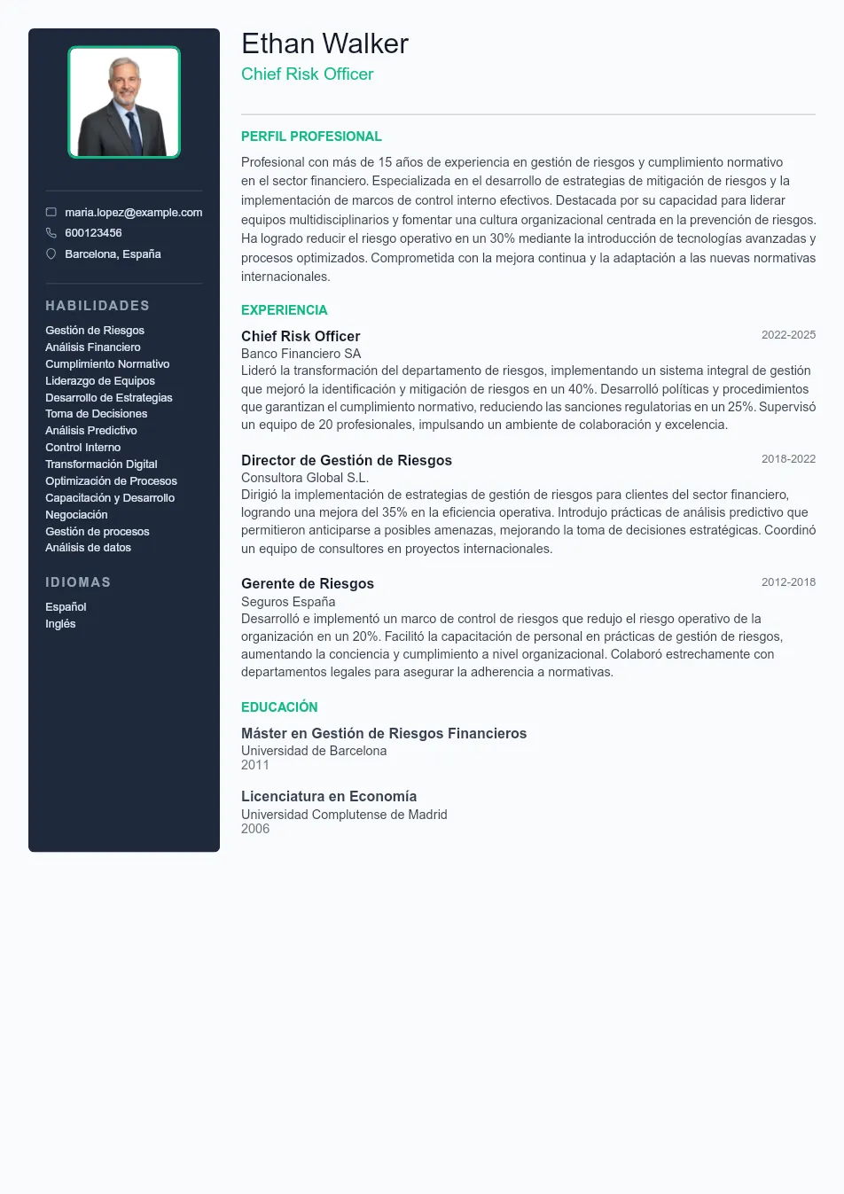 Ejemplo de CV para Ejemplo de CV de Chief Risk Officer (CRO) - Plantilla de currículum profesional